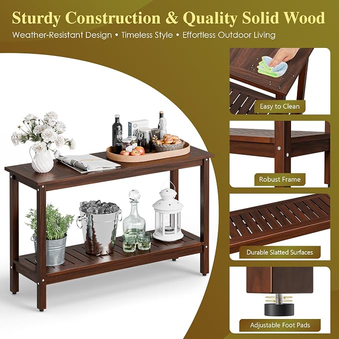 ZenStyle Solid Wood 48in 2-Shelf Console Table, Indoor Outdoor Accent Plant Table Storage Organizer w/Foot Sliders for Patio, Deck, Porch, Garden (Espresso)