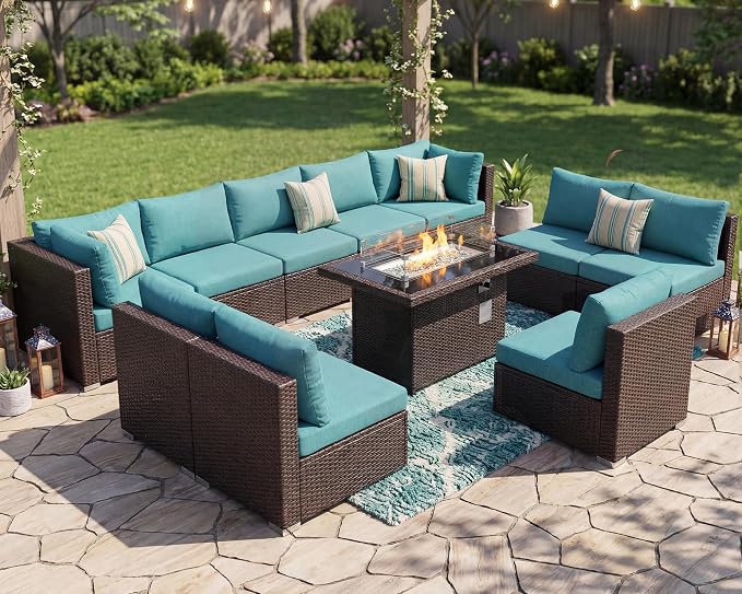 BULEXYARD 11 Piece High Back Wicker Patio Furniture Sets with Fire Pit, Luxury Plus Size Outdoor Seating Set, Comfortable Extra Wide Deep 10-Seater Sectional Couch Sofa for Outside, Brown & Turquoise