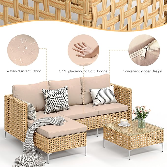 Small Outdoor Wicker Patio Furniture Set L-Shaped - Weather Resistant Wicker Sectional Chaise Sofa with Thick Cushions & Tempered Glass Coffee Table for Small Spaces, Balcony, Apartment