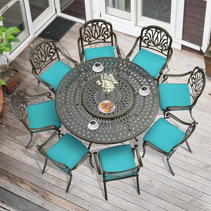 MEETWARM 9-Piece Outdoor Furniture Dining Set, All Weather Cast Aluminum Patio Garden Set- 8 Cushioned Chairs, 61" Round Patio Dining Table with Detachable Lazy Susan, 2" Umbrella Hole, Ocean Blue
