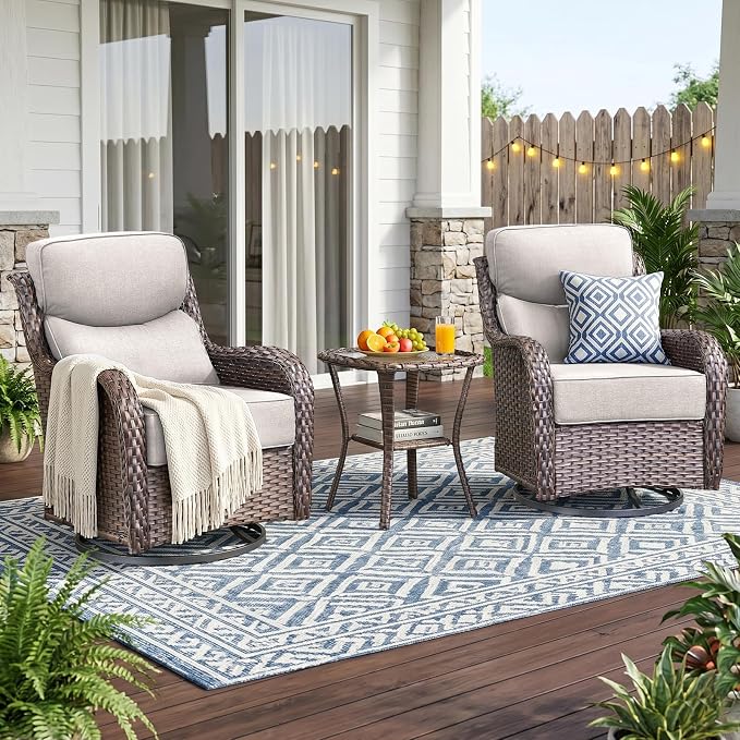 Luxury High Back Outdoor Swivel Rocker Patio Chairs with Side Table & 6-Inch Thick Cushions, 3 Pieces Patio Furniture Set for Porch, Balcony, Deck and Yard