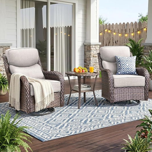 Luxury High Back Outdoor Swivel Rocker Patio Chairs with Side Table & 6-Inch Thick Cushions, 3 Pieces Patio Furniture Set for Porch, Balcony, Deck and Yard