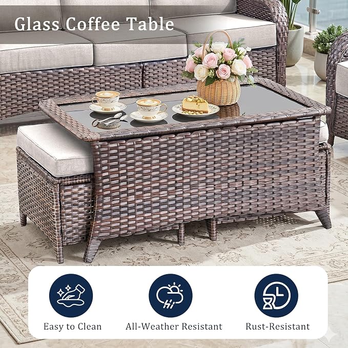 Luxury 6" Thick Cushion 9 Pieces Wicker Patio Furniture Set with High Back Swivel Rocker Chairs, Outdoor Conversation Set with Patio Couch for Deck Porch Yard and Poolside