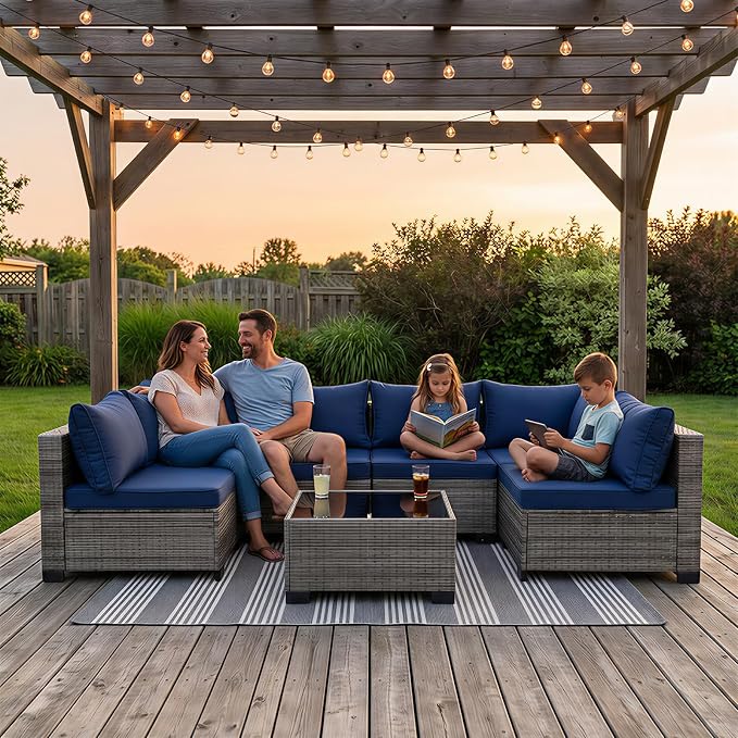 7-Piece Patio Furniture Set, Outdoor Wicker Conversation Sofa Set with Coffee Table & Extra Thick 8.5" Cushions, All-Weather Sectional for Backyard, Porch, Poolside (Navy Blue, 7PCS)