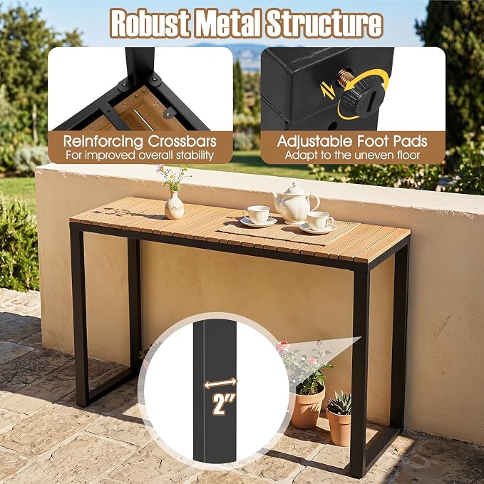 Tangkula Outdoor Console Table, Narrow Patio Dining Table with Acacia Wood Top & Metal Frame, Buffet Table for Small Space, Plant Stand for Deck Poolside Garden Entryway Porch, Natural