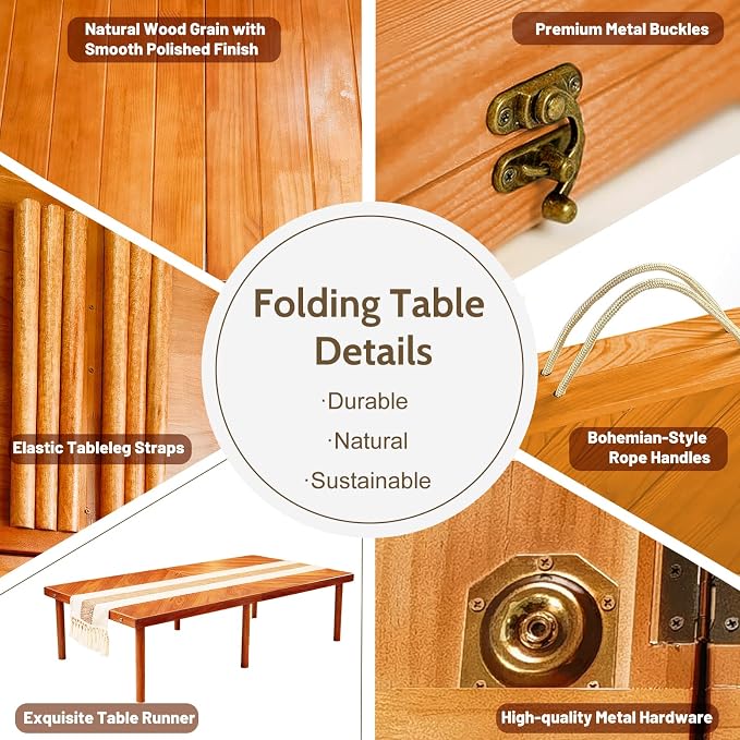 Folding Picnic Table with Table Runner, 60 * 30in Wooden Picnic Table for Outdoors, Boho Low Coffee Table for Sitting on The Floor, Suitable for Beach, Park, Garden, Camping, Travel(Brown)