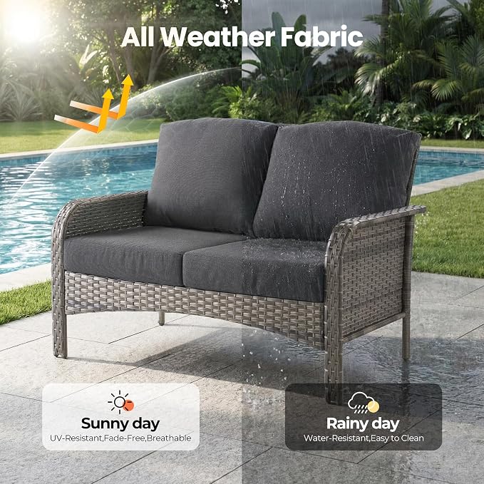 Weaxty Wicker Patio Furniture Set with Swivel Rocker Chairs Outdoor Loveseat Sofa and Rattan Coffee Table, 5 Pieces Outdoor Conversation Sets for Patio Porch Deck Backyard Poolside, Black
