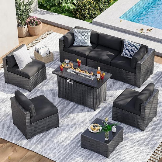 Aoxun 8 Piece Patio Furniture Set with 44” Fire Pit Table, Wicker Rattan Patio Sectional Sofa, Outdoor Furniture Set with Thickened Cushion, Black