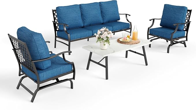 MIXPATIO Patio Furniture Set 4 pcs, Outdoor Patio Furniture, 3-Seat Sofa, 2 Rocking Chairs, Coffee Table and 5.75" Extra Thick Cushion, Conversation Set for Backyard Deck, Gemstone Blue