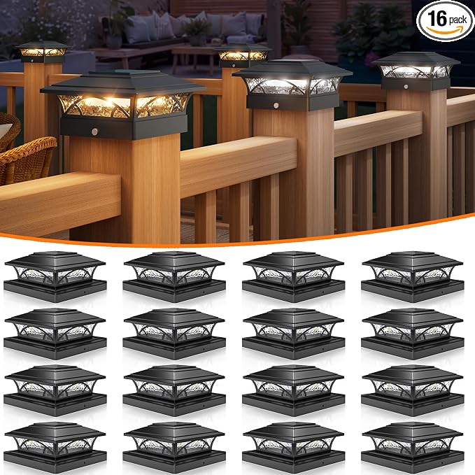 APONUO Solar Post Cap Lights 16 Pack - 4x4 5x5 6x6 Fence Post Lights, Auto On/Off, Waterproof IP64, 2-Mode (Warm/Cool White), Deck Patio Yard Solar Light for Wood & Vinyl Posts, Black