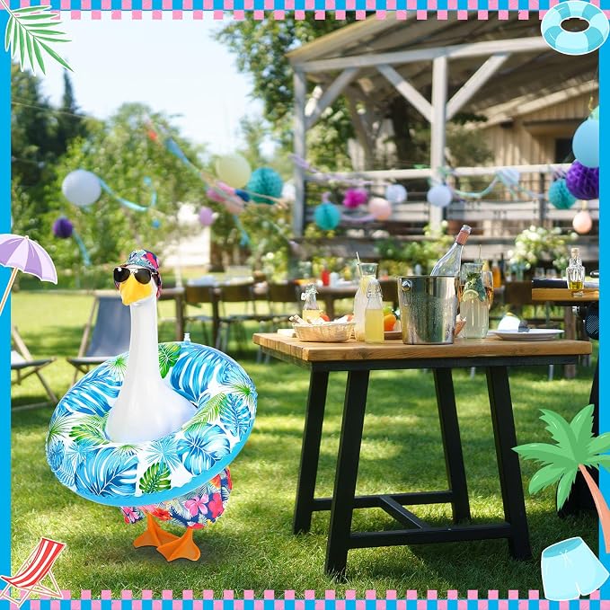 Summer Goose Outfits Porch Goose Hawaiian Outfit Swimming Goose Clothes with Swim Trunks Sun Hat Sunglasses Swim Ring for 23'' Geese Statue Spring Summer Decor (Colorful Tropical Floral)