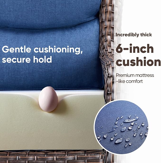Swivel Patio Chairs sofa Set of 2 with 6" Thick Cushion - Wicker Outdoor Swivel Rocker Patio Chair ,Sofa/Glass coffee table, High Back Comfortable Outdoor Glider Chairs - Brown Wicker | Blue Cushions