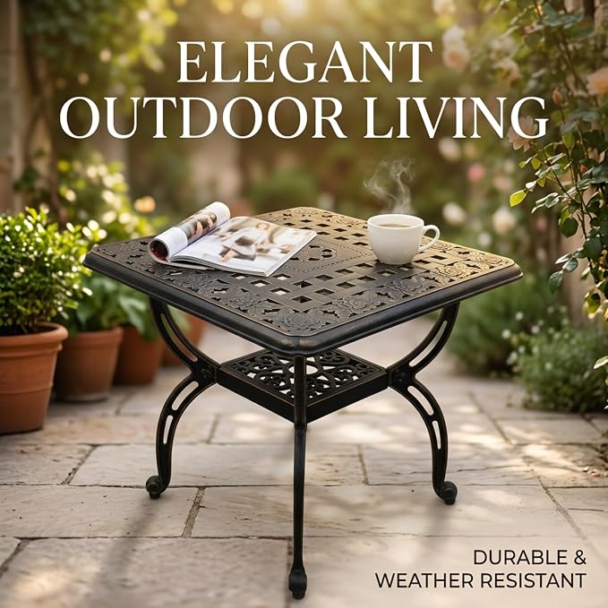 Square Outdoor Coffee Table Set of 2, Cast Aluminum Side Table with Storage,Indoor End Table, All-Weather Bistro Table for Patio Garden Lawn, Bronze