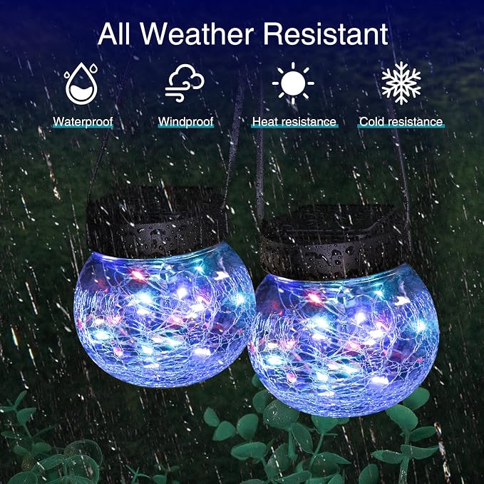 kolpop 2 Pack Solar Lantern Outdoor Lights, Multi-Coloured Solars Lanterns with 30 LED, Crackle Glass Ball Waterproof Hanging Solar Lights for Garden Decor Patio Fence Yard Christmas Tree Decoration