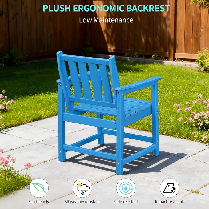 All-Weather Outdoor Chairs Set of 2, Outdoor Patio Dining Chair with Backrest and Armrest, 300 lbs Support All-Weather HDPE Furniture Patio Chair for Backyard, Garden, Deck, Blue