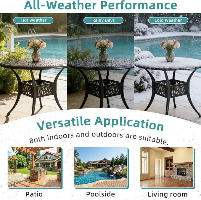 MEETWARM 35.4" Round Patio Dinning Table, Outdoor Cast Aluminum Dinning Table with 2" Umbrella Hole, Dark Bronze