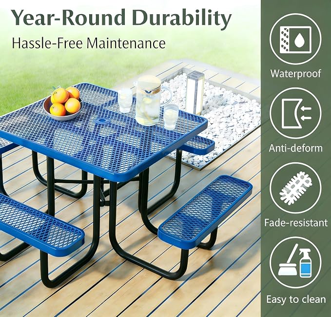 Garvee Heavy Duty Metal Picnic Tables for Outdoors with Umbrella Hole, 46" Square Top Patio Table Coated Steel Commercial Grade Furniture Set Weather & Rust Resistant (Expanded Steel, Black)