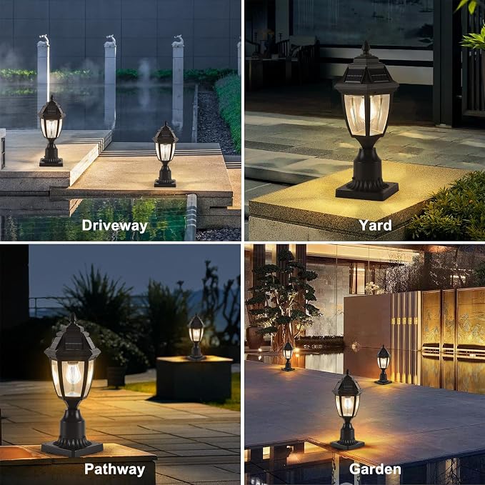 Solar Outdoor Post Lights 2 Pack, Dusk to Dawn Column light with Base | Dusk to Dawn Outdoor Post Light Fixtures, Black Exterior Solar powered Pole Light for Outside Porch Yard Pathway Driveway