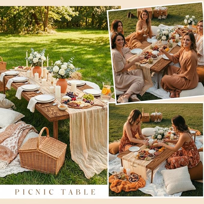 Novabright 8 Person 30 x 60 Inches Boho Table Low Folding Picnic Table Beach Portable Low Wood Floor Event Foldable Garden Wedding Party Camping Picnic with Runner Set(Dark Brown)