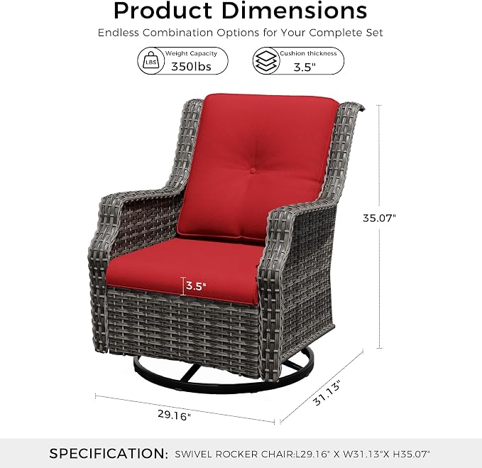 Outdoor Patio Furniture Set, 4 Piece Wicker Patio Furniture with Thick Cushions, Curved Armrest, Deep Seating, Outdoor Swivel Rocker Chairs for Porch, Deck, Balcony