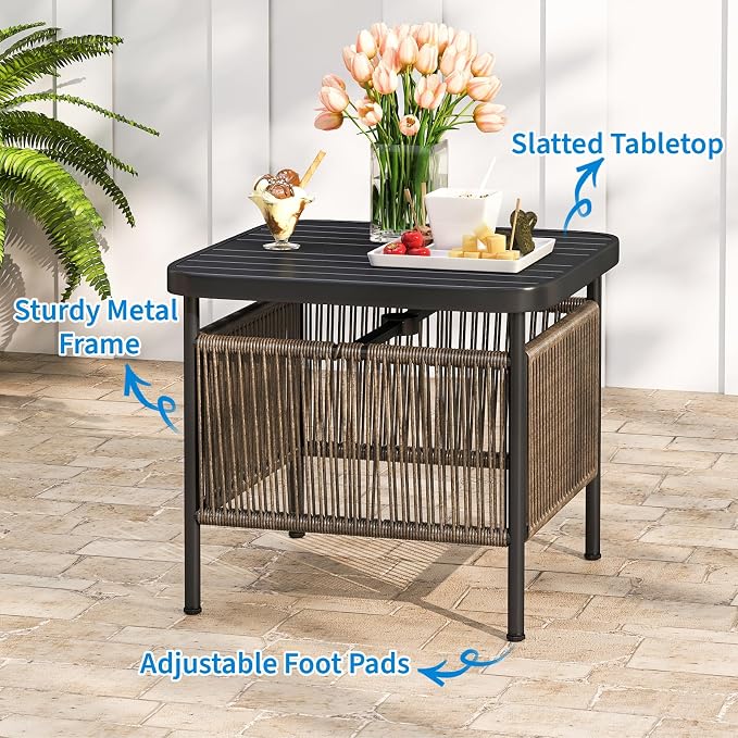 Tangkula Outdoor PE Rattan Side Table with 1.57” Umbrella Hole, Square Patio End Table with Metal Frame, Small Bistro Coffee Table for Porch, Balcony, Garden and Backyard (1)