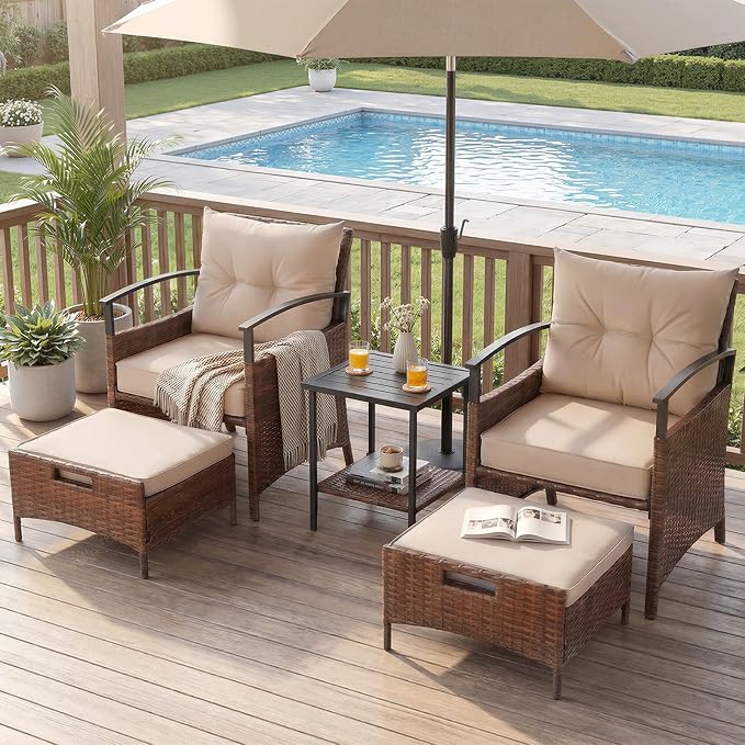 AVAWING 5 Pieces Patio Furniture Set, Outdoor Rattan Chairs with Metal Coffee Table, Ottomans & Soft Cushions, Wicker Conversation Bistro Set for Garden, Deck, Balcony, Poolside(Beige)