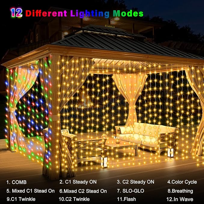 echosari 9.8Ft x 9.8Ft Curtain Lights Battery Operated 2 Color Changing | 300 LED Hanging Lights Warm White & Multicolor with Remote & Hooks, Outdoor Curtain Lights for Party Backdrop Patio Decor