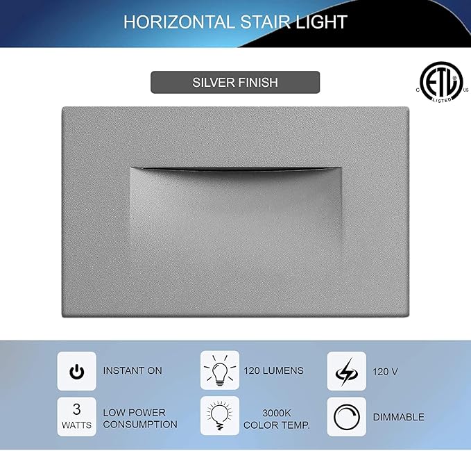 Ciata LED Stair Lights Indoor, Step Lights Outdoor Light 3 Watt, Warm White Stairway Lighting for Outdoor and Indoor Stairs 3000K Concrete, Home Theater Lighting, Silver Finish, Horizontal, 3 Pack