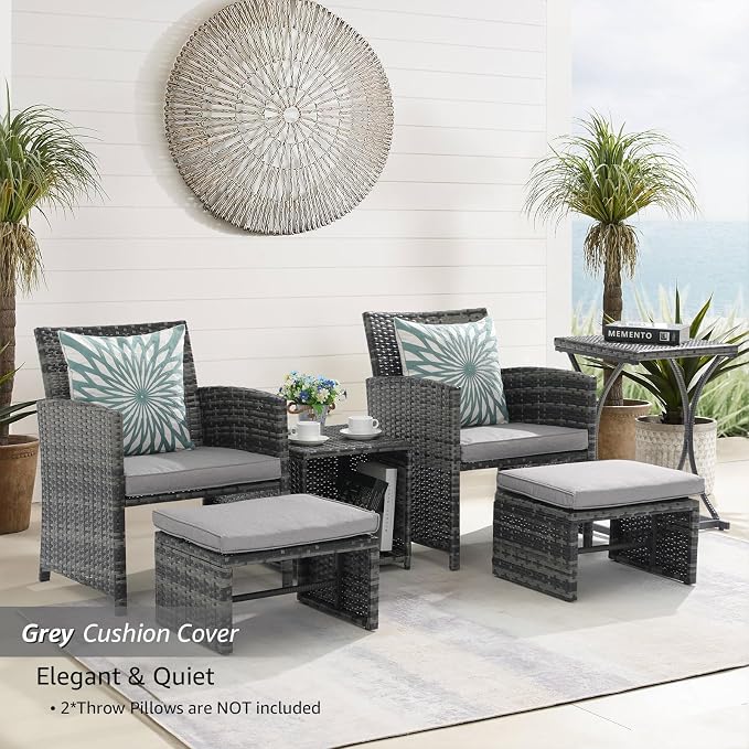 OC Orange-Casual 6 Piece Patio Furniture Conversation Set with Ottoman, Outdoor Grey Wicker Chair and Table Set, Balcony Furniture for Apartments, Light Grey