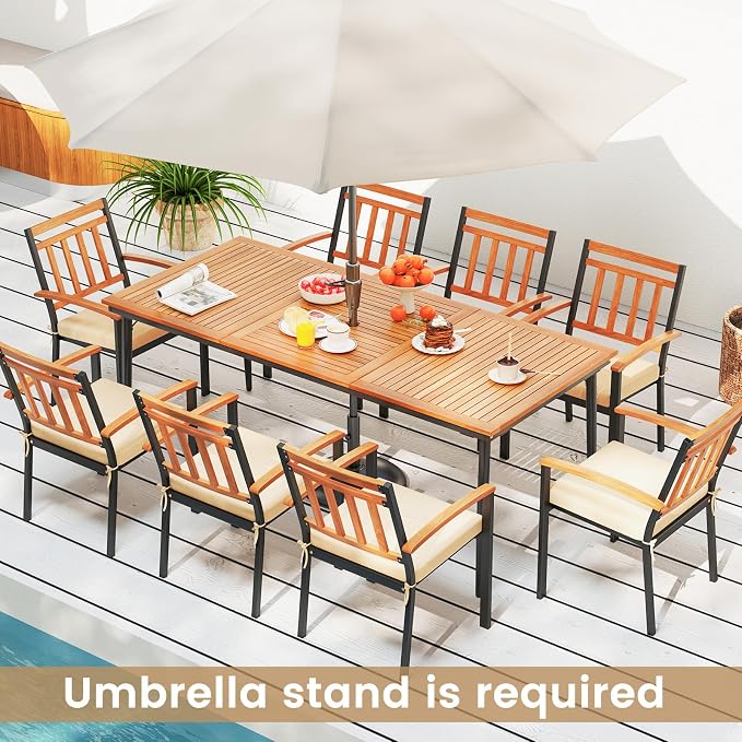 RELAX4LIFE Wooden Outdoor Dining Table for 8, 79’’ Acacia Wood Patio Table w/2’’ Umbrella Hole, Slatted Tabletop & Metal Legs, Indoor Outdoor Rectangular Picnic Table, 8-Person Patio Dining Table