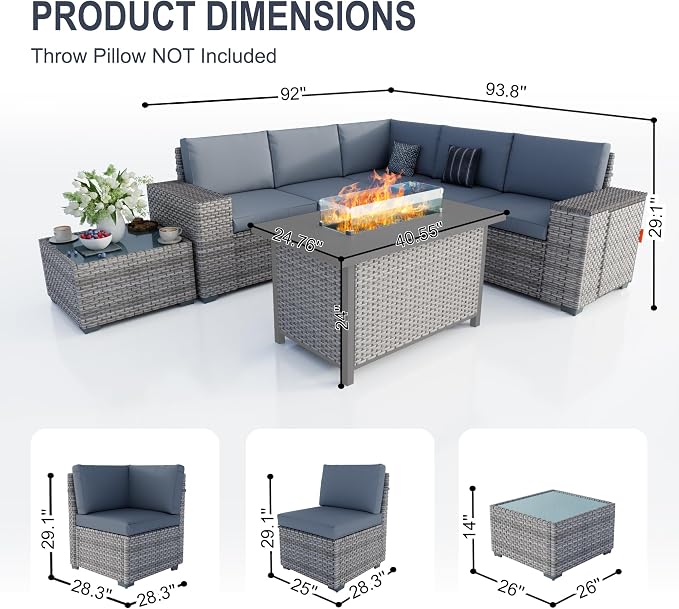 13-Piece Outdoor Patio Furniture Set, Rattan Wicker Conversation Set with Wide Armrests, Outdoor Modular Sectional Couch Seating Group Sofa with Fire Pit for Deck Garden Porch (Gray Cushions)