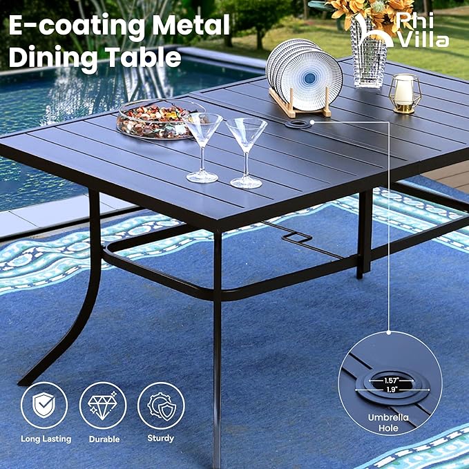 PHI VILLA Outdoor Dining Set with Umbrella for 6, Swivel Mesh Chairs | 59'' metal rectangular table, 6 blue textilene chairs and 13ft orange red umbrella(NO BASE), designed for patio, deck, garden