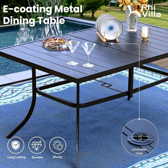 PHI VILLA 8 Piece Patio Dining Set with 13ft Patio Umbrella (Orange Red), 6 Outdoor Padded Swivel Dining Chairs & 1 Large Metal Dining Table for Lawn Garden Backyard (No Umbrella Base)