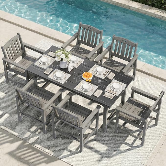 Mdeam 7-Piece HIPS Outdoor Dining Set, 66.9" Marble Texture Patio Table with Umbrella Hole, 440LBS Capacity, 6 Wider Chairs,Dining Table Set for 6, Outdoor Furniture with Galvanized Steel Frame, Grey
