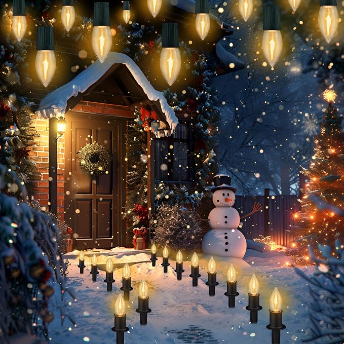 TIORIY Christmas Pathway LED Lights Outdoor, 20 Lights C9 Walkway Lights with Stakes, 24.2ft Clear Driveway Christmas Lights for Pathway, Warm White, Extendable for Outdoor Decorations
