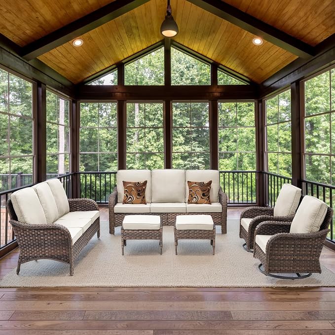 6 PCS Patio Furniture Set, 2 Outdoor Wicker Sofas & 2 Swivel Rocking Chairs with 2 Ottomans, 4-Inch Thick Olefin Cushions, 300 lbs Capacity Rattan Conversation Set for Porch, Beige