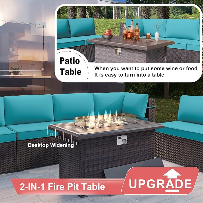 Kurapika 7 Pieces Patio Furniture Set, Rattan Wicker Outdoor Conversation Sets w/43in Propane Fire Pit Table and 4 Inch Cushion(Blue)