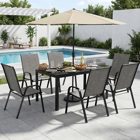 7-Piece Outdoor Dining Set, All Weather Patio Table and Chairs Set with Umbrella Hole for 6, Rectangular Steel Slat Table and 6 Textilene Chairs for Garden, Backyard, Poolside and Deck, Grey
