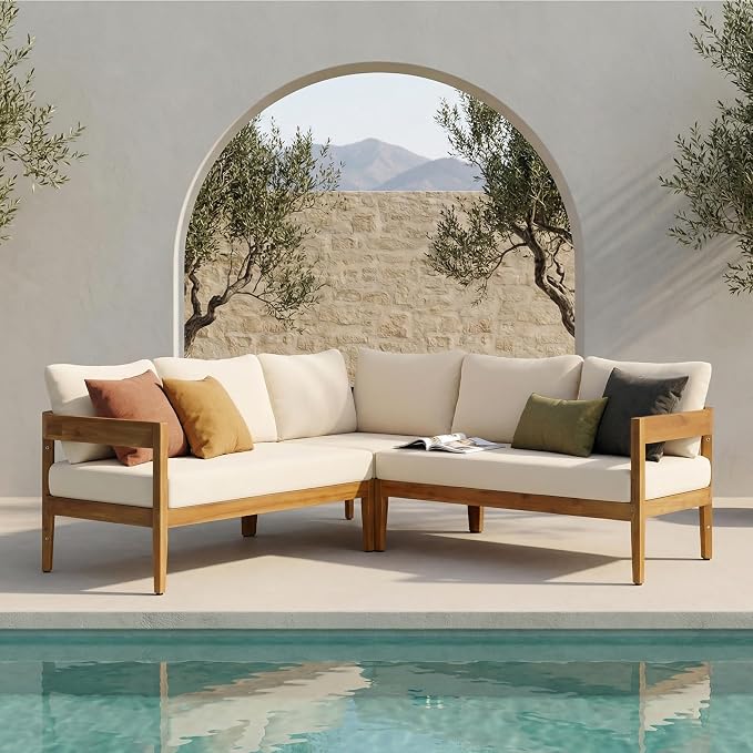 Merax Outdoor 80" Acacia Wood Curved Sectional 5-Seater Sofa, Patio V-Shaped Sofa Couch with Weather-Resistant Cushions for Porch, Lawn, Backyard, Balcony, Teak+ Beige