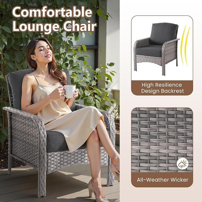 4 PCS Outdoor Patio Furniture Set with Glass Table, All-Weather Rattan Wicker Outdoor Conversation Set with Thickened Cushions for Balcony Backyard Garden Lawn,Black