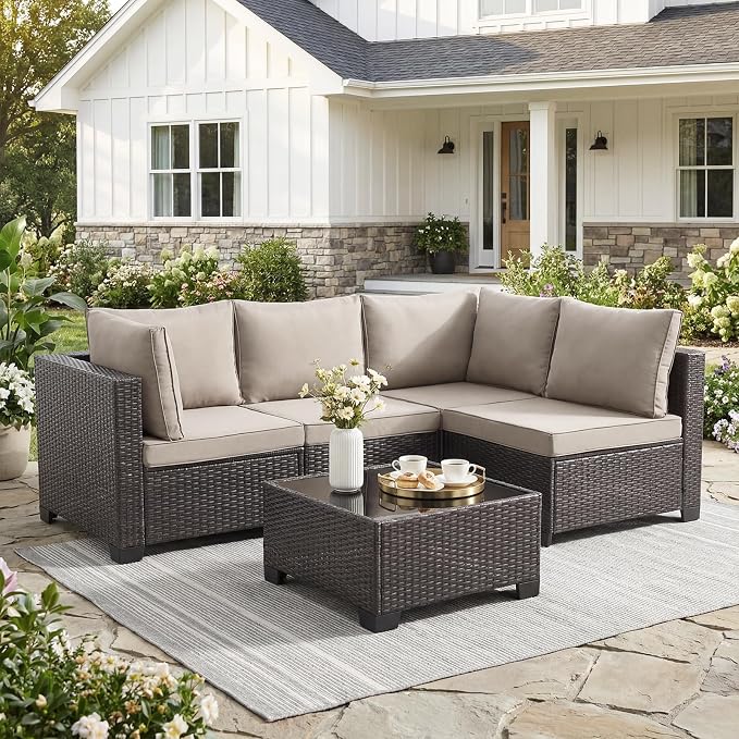 ANJ 5 Piece Outdoor Wicker Patio Furniture Set, Modular Loveseat Sofa with with Glass Top Coffee Table, All-Weather Rattan Conversation Couch Set for Balcony, Backyard, Dark Brown Wicker-Grey