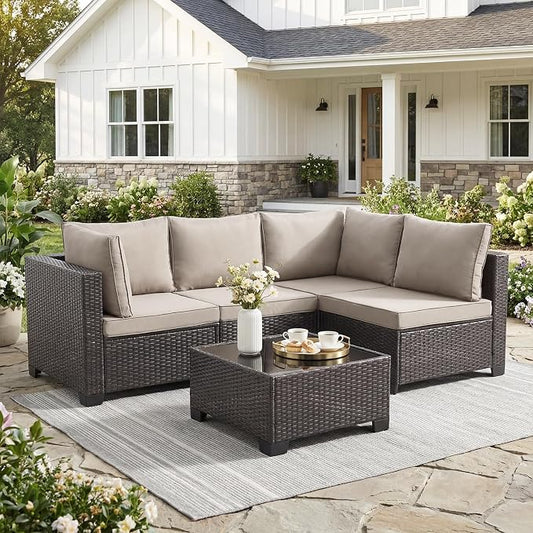 ANJ 5 Piece Outdoor Wicker Patio Furniture Set, Modular Loveseat Sofa with with Glass Top Coffee Table, All-Weather Rattan Conversation Couch Set for Balcony, Backyard, Dark Brown Wicker-Grey