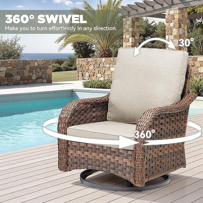 5 PCS Patio Furniture Set, Outdoor Wicker Sofa & 2 Swivel Rocking Chairs with 2 Ottomans, 4-Inch Thick Olefin Cushions, 300 lbs Capacity Rattan Conversation Set for Porch, Backyard, Beige
