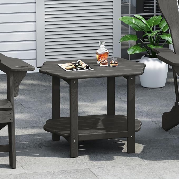 Small Outdoor Side Tables Modern 2-Tier Adirondack Table Rustic End Table HDPE Storage Shelf Industrial Corner Rectangle Coffee Table for Patio Garden Balcony Backyard Pool Farmhouse Home Grey