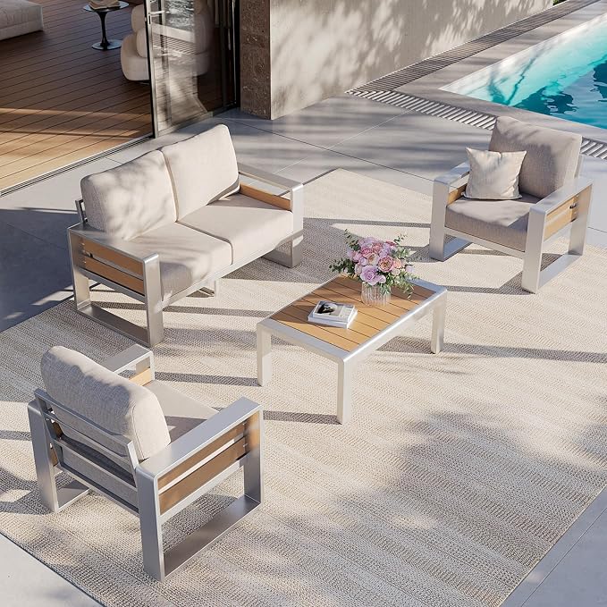 Aoxun Aluminum Patio Furniture Set, 4 Seats Luxury Metal Patio Conversation Sets with Coffee Table, Thick Cushions and Waterproof Cover, Sectional Outdoor Furniture Set for Backyard/Poolside, Beige