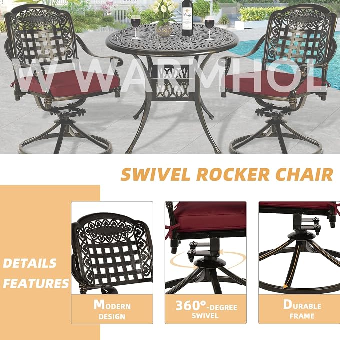 5 Piece Patio Dining Set, Outdoor Table and Chairs Set for 4 Cushioned Swivel Rocking Chairs and 35.4'' Round Table, All-Weather Cast Aluminum Patio Funiture Set, 2'' Umbrella Hole, Red