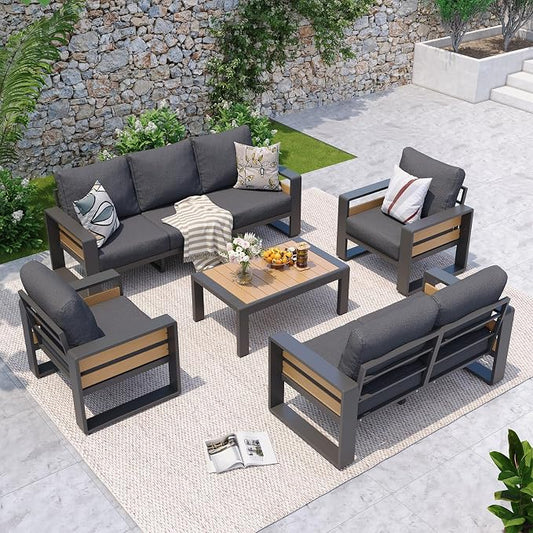 Aoxun Aluminum Patio Furniture Set, 7 Seats Luxury Metal Patio Furniture with Coffee Table, Thick Cushions and Waterproof Cover, Modern Outside Sectional Set for Backyard/Garden/Poolside, Dark Grey