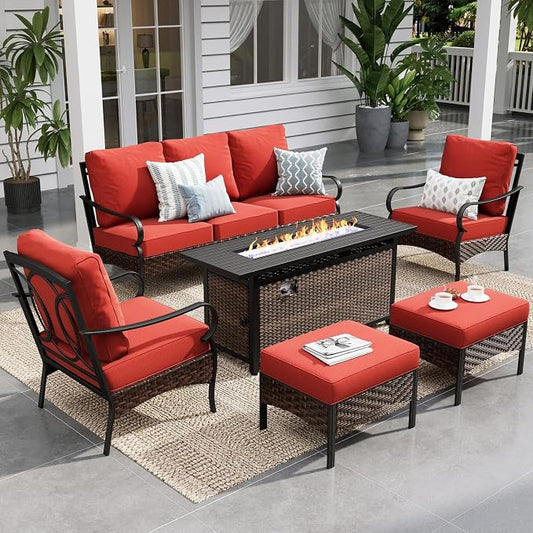 Sophia & William Patio Furniture Set with 56" Fire Pit Table, Metal Outdoor Conversation Set Patio Sectional with 3-Seater Sofas, 2 Fixed Chairs, 2 Ottomans, 1 Firepit Table for Porch Deck, Red