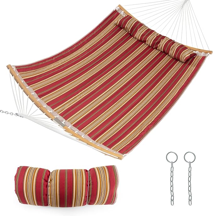 Tangkula 11FT Double Hammock, Heavy Duty Outdoor Hammock with Curved Spreader Bars, Detachable Pillow, 2 Person Hammocks for Outside, Porch, Patio (Red)