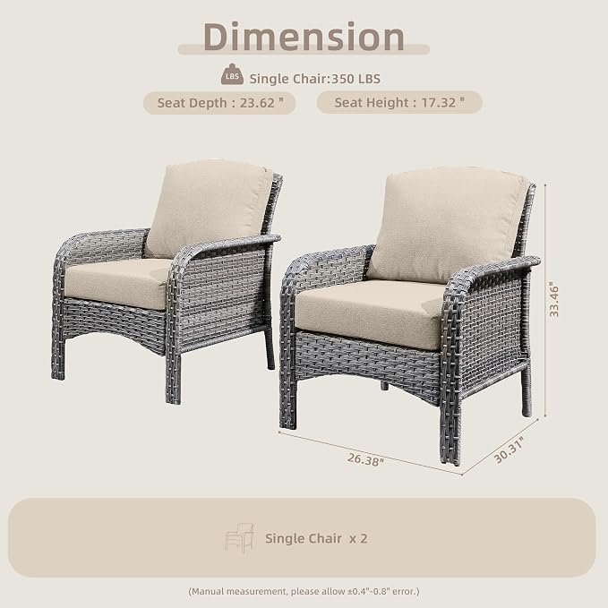 CAODOC 2 Pack Wicker Patio Furniture Chairs,Outdoor Rattan Chairs with Armrest Support 250 lb,Beige